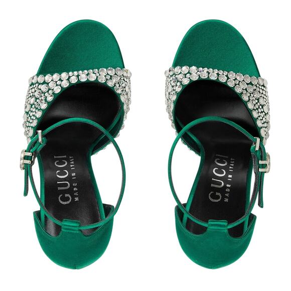 GUCCI Women's Satin High Heel Sandals with Crystals Size 37.5 US 7.5 Green New - Picture 16 of 16